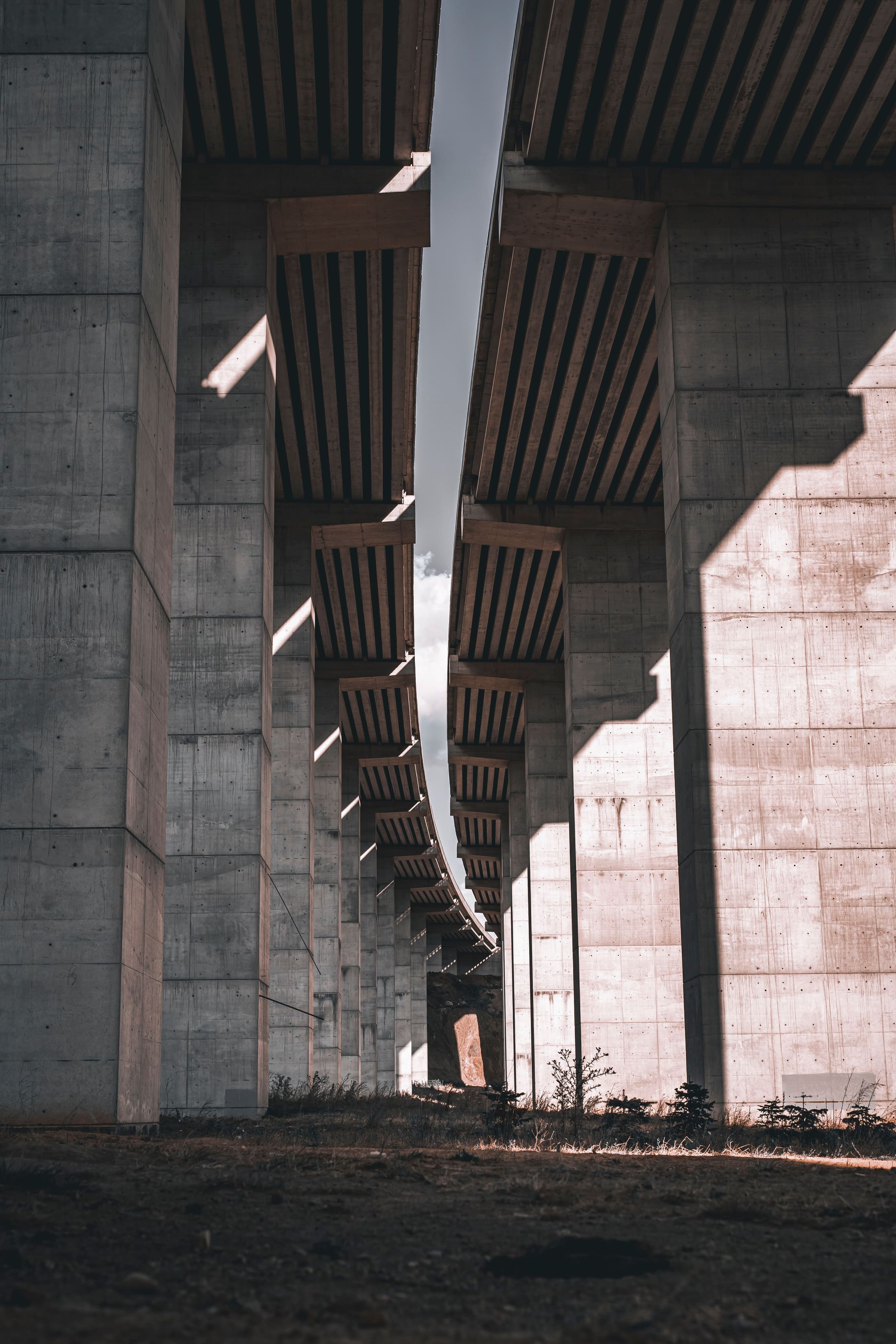 Vista en contrapicado de la estructura de un puente en construcción, con trabes prefabricadas de concreto